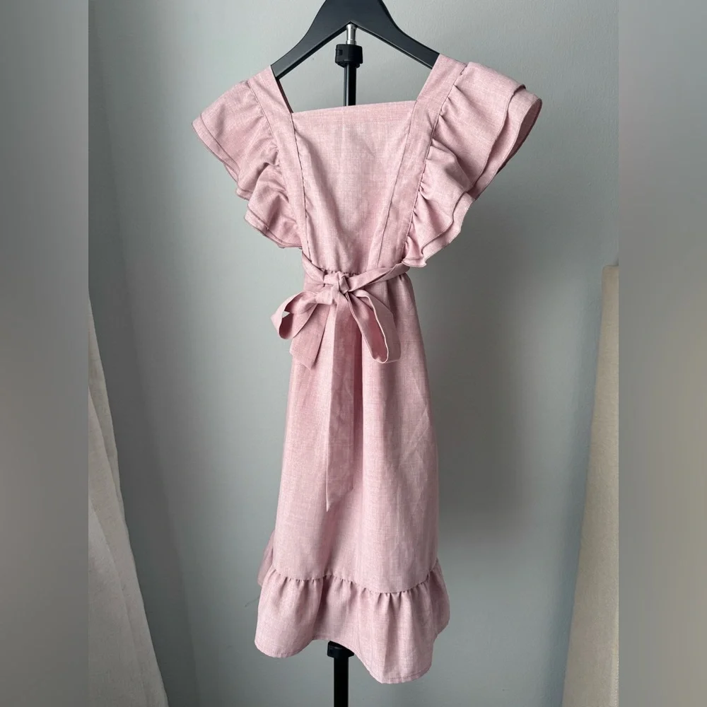 Pink Ruffled Kids Dress-Linen - Picture 5 of 6